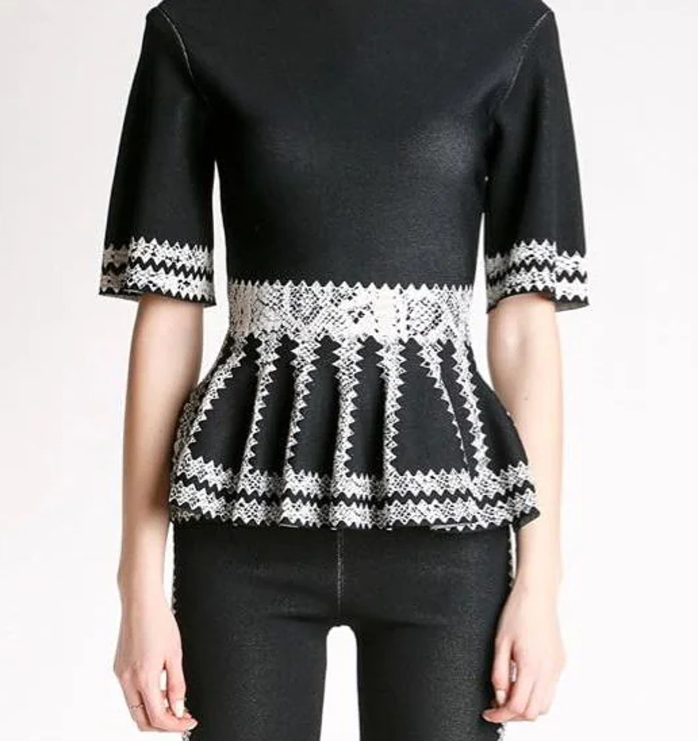 Alexander McQueen Snakeskin Print Jacquard Peplum Blouse Top Black White Medium